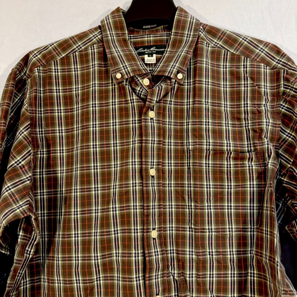eddie bauer long sleeve‎ Legend Wash button shirt Brown Plaid L Casual Preppy